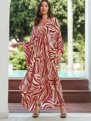 Plus Size Zebra Stripe V-Neck Maxi Dress Batwing Sleeve Summer Outfit For Women • $48.57