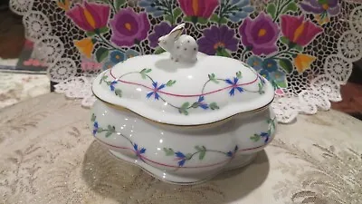 HEREND Porcelain Blue Garland Mini Oval Tureen & Lid With Rabbit Finial • $139