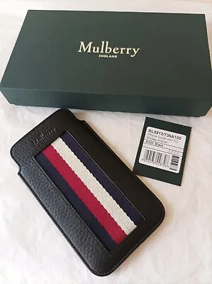 Mulberry Black Striped Leather Universal Phone Case With Card Slots Gift Box NEW • £79