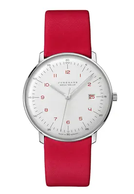 Junghans Max Bill MEGA Solar Red Leather Strap Watch 59/4325.02 • $1019.95