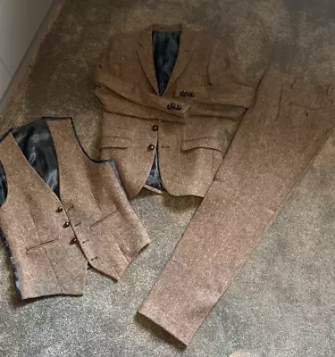 Mens Torre 3 Piece Winter Brown Wool Suit Worn X1 (Jacket Waistcoat Trousers) • £28