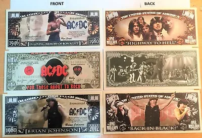 AC/DC Set Of 3 $1000000 Novelty Notes Bon Scott Brian Johnson Rock Music.  • $18