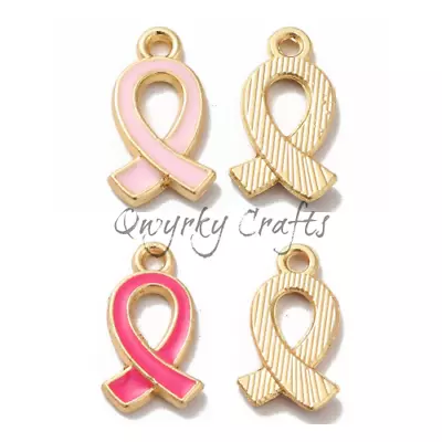 Enamel Charms Pink Awareness Ribbon Breast Cancer Gold Base 17mm X 10mm 10pcs • £3.25