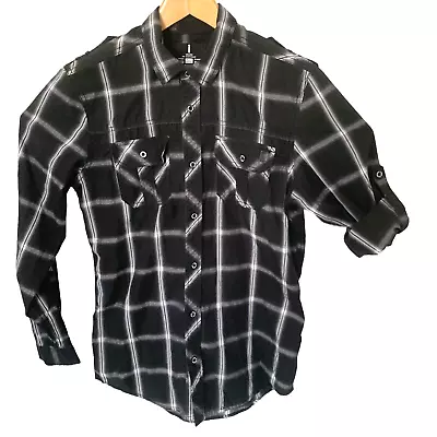 Jeans By Buffalo Mens XL Button Front Shirt Roll-Up Sleeve Black Plaid • $15.96