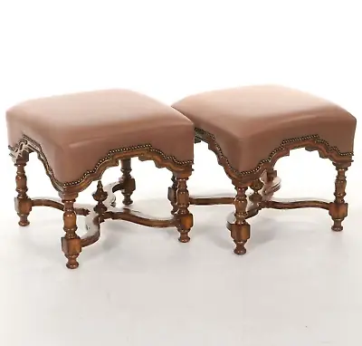 Set Of Marge Carson Leather William And Mary Footstools Ottomans Nailhead • $2500