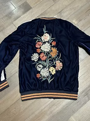 ZARA Women's Floral Embroidered Orange Glitter Dark Blue Velvet Bomber Jacket S • $22