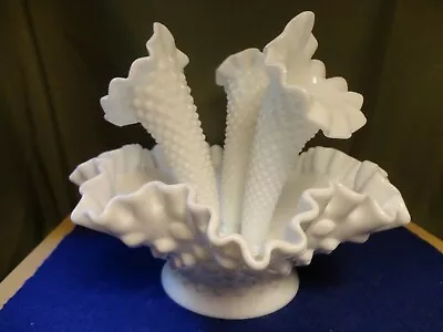 Vintage Fenton Hobnail White Milk Glass 3 Horn Epergne Ruffle Edges • $44.99