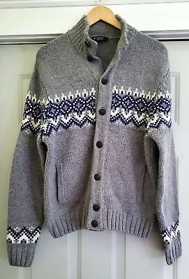 Hackett London Merino & Cashmere Fair Isle Cardigan Gray - Made In Italy - Sz M • $85