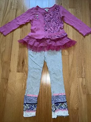 NAARTJIE Girls Pink Top Gray Pants SET Top Ruffled Lace Tulle Cotton Size 4 • $15.68