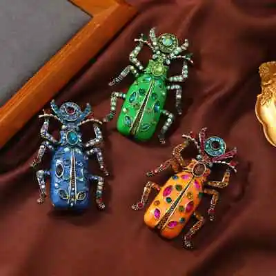 Vintage Enamel Scarab Brooch Men Fashion Insect Corsage Cute Big Rhinestone Pin • $6.67