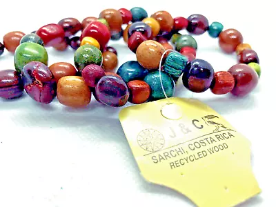 New W Tag Recycled Wood Bracelets Set Of 4 From J&C Costa Rica Colorful Stretch • $19.50