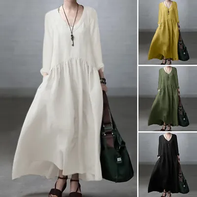 $32.87 • Buy Womens Cotton Linen Long Sleeve Plain Casual Holiday Spring Swing Maxi Dress NEW