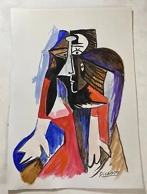 Pablo Picasso-Drawing On Paper (handmade) Signed And Printed Mixed Media Vtg • £114.95