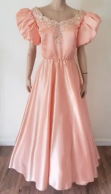 Vtg 80s Peach Sequined Puff Sleeve Formal Prom Dress Full Skirt Mike Benet Sz XS • $50