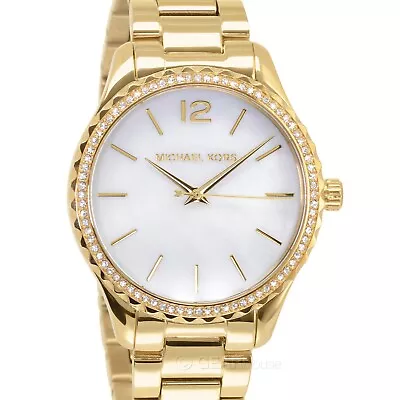 Michael Kors Layton Womens Gold Glitz Watch MOP Dial Crystals Stainless Steel • $97.45