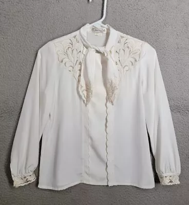 Vintage 80s Cream Blouse Size 5 Lace Trim Secretary Neck Bow Button Up • $14.50