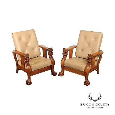 Renaissance Revival Antique Pair Of Carved Oak Lion Head Reclining Morris Chairs • $5495
