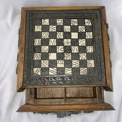 Rare Beautiful Handcrafted Aztec Stone & Wood Chess Board Set Complete • $97.49
