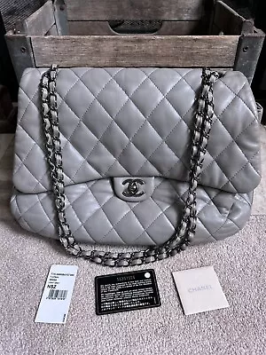 CHANEL Accordion Jumbo XL 3 Compartment Flap Shoulder Bag Handbag Light Gray • $1999.99