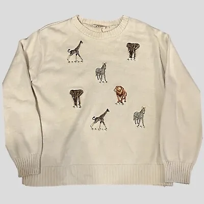 Vintage Tia Jungle Sweater Womens XL Cream Studs Giraffe Elephant Zebra Lion USA • $22.95