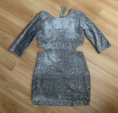 Ladies COTTON CLUB Grey Silver Sequin Cut-out Fitted Mini Dress Size 10 NWT • £10.50