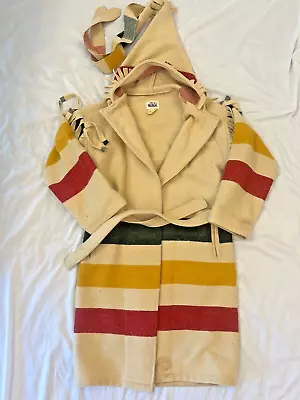 Vintage RARE Woolrich Hudson Bay Stripe Capote Fringe Blanket Coat Pointy Hood M • $164