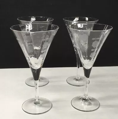 4 Vintage Ribbed & Floral Etched Crystal Wine Glasses Stemware  7 1/2   Tall • $36