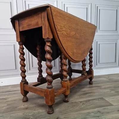 Antique Solid Oak Barley Twist Drop Leaf Gate Leg Sofa Dining Table Oval Wooden • £269.99