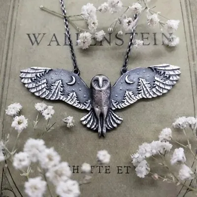 Vintage Silvery Owl Pendant Necklace Moon Phase Art Jewelry Gift Totem Men Women • $12.98