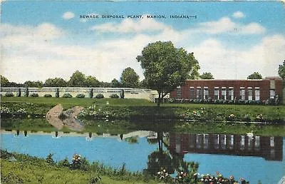 Marion Indiana~Sewage Disposal Plant~1940s Linen Postcard • $5