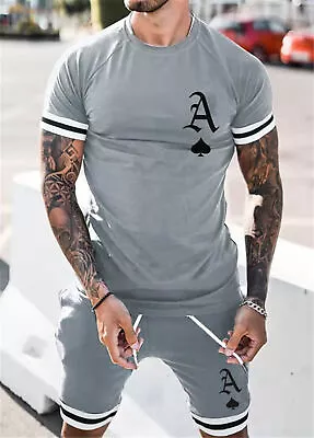 Tracksuit Set Mens Crew Neck Tee Shorts Casual Summer T-shirt And Shorts Outfit • £14.97
