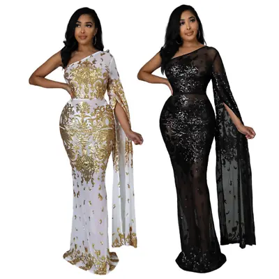 Fashion Party Evening Dress Gown Women's One-shoulder Sequins Mermaid Long Dress • $33.98