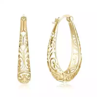 925 Sterling Silver Gold 30mm Oval Vintage Filigree Hoop Earrings For Women • $14.99