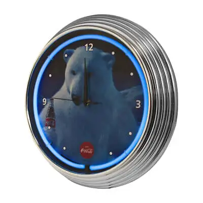 Coca Cola Polar Bear Retro Blue Neon Lighted Wall Garage Clock W Chrome Trim • $137.03