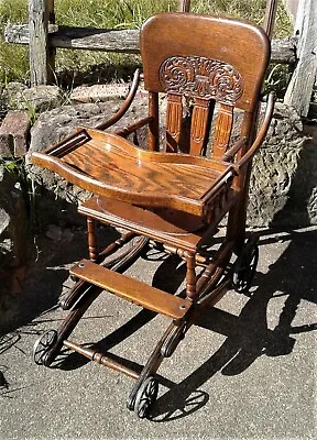 Antique Oak Convertible Pressed Back Victorian High Chair To Stroller 1890s Era  • $225