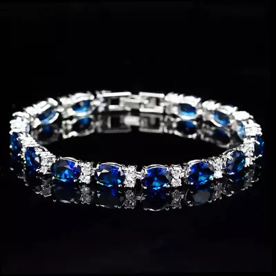 Sapphire Topaz 925 Sterling Silver Bracelet Womens Diamond Jewlerry Simulated • £19.99