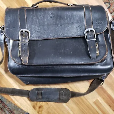 Vtg Black Genuine Leather Mens Messenger Bag Briefcase Macbook Shoulder Handbag • $150