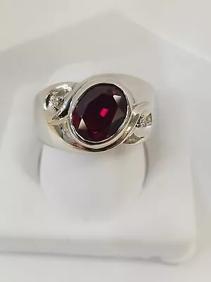 Vintage Men's 10k White Gold Synthetic Ruby ( DARK RED) /Diamond Ring Size 10  • $850