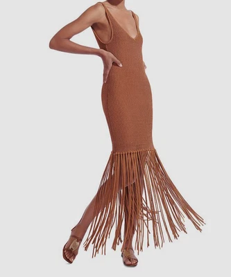$138.48 • Buy $345 Staud Women's Brown Sleeveless Cossette Crochet Fringe Midi Dress Size XS