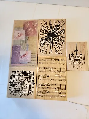 Lot Of 5 Wood Mounted Rubber Stamps Dragonfly Chandelier Sheet Music Pre-owned • $20.89