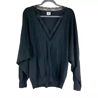 CAbi Sweater Womens Medium Black Union Knit Lace Trim V-Neck Oversized 5632 • $19