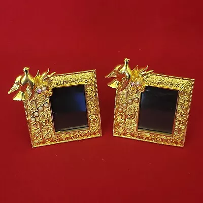 VTG Gold Tone Mini Picture Photo Frame Bird Rhinestone Faux Pearls Set Of 2 • $24.95