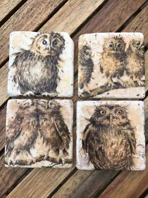 £16.99 • Buy Handmade Decoupaged Owl  Travertine Stone Coasters ( Set Of 4)