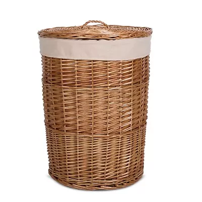 Wickerfield Large Round Wicker Lidded Laundry Clothing Basket With Lining • £33.99