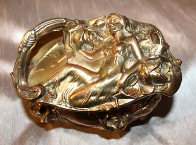 Vintage Art Nouveau Lady Gold Metal Casket Jewelry Trinket Box WB MFG Co • $68