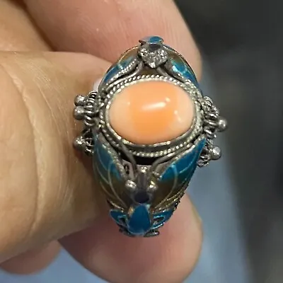 QVC Vintage Export Gilt Chinese BJ Coral Enamel Filigree Ring Pre-owned Jewelry • $0.99