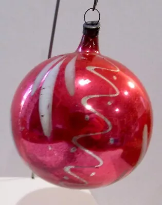 Vintage Blown Glass CHristmas Ornament Red Ink WHite Painted Swirl Dot 2.55  • $20