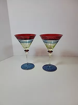 Pier 1 Imports Set Of 2 Hand Painted Martini Glasses Festive Gold Rim Colorful  • $20