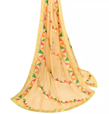 Sushila Vintage Beige Dupatta Blend Chiffon Silk Phulkari Embroidered Long Stole • $27.99