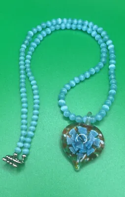 Murano Puffy Glass Heart Shape Pendant Bead Glass Necklace • $21.24